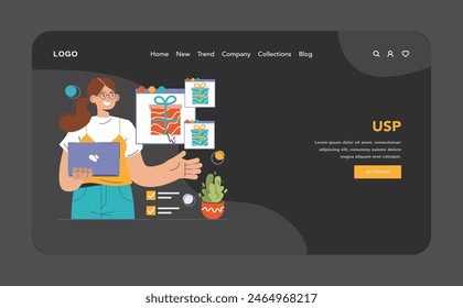 Product differentiation web or landing dark or night mode. Product competitive advantages. Price and quality Brand recognition and market niche definition. Flat vector illustration