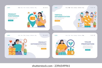 Product differentiation web or landing set. Product competitive advantages. Price and quality Brand recognition and market niche definition. Flat vector illustration