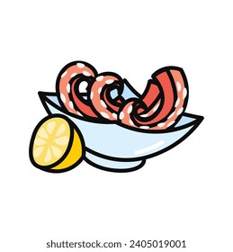 Product for dinner of food colorful set. In this captivating food-themed design a delightful scene of octopus tentacles takes center stage against a minimalist white backdrop. Vector illustration.