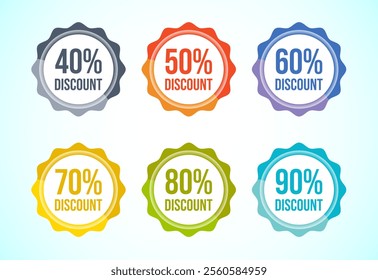 Product discount tag sticker set. Shopping discount label with 40, 50, 60, 70, 80, and 90 percent off