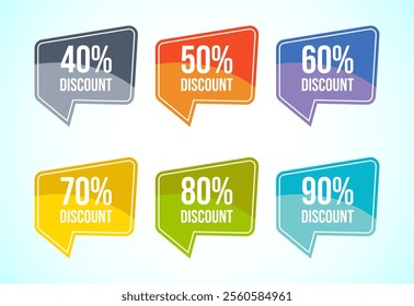 Product discount tag sticker set. Shopping discount label with 40, 50, 60, 70, 80, and 90 percent off