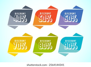 Product discount tag sticker set. Shopping discount label with 40, 50, 60, 70, 80, and 90 percent off