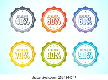 Product discount tag sticker set. Shopping discount label with 40, 50, 60, 70, 80, and 90 percent off