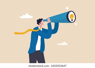 Product discovery, discover new idea or business insight, searching for innovation, creativity or smart solution, finding success concept, businessman look through telescope to find lightbulb idea.