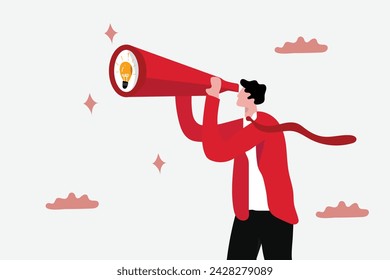 Product discovery,  finding success concept, businessman look through telescope to find lightbulb idea.