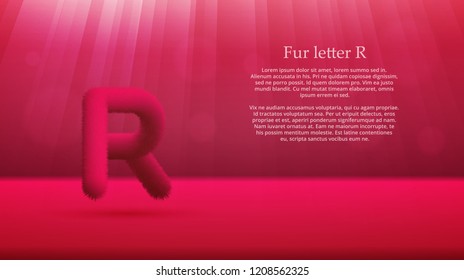 Product display or advertising concept template. Vector illustration of fur letter R over ruby red color gradient studio room background for your design