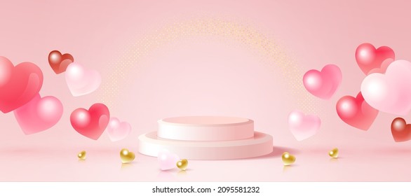Product display background with 3d podium and heart balloons. Vector illustration.