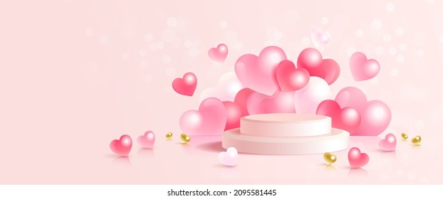 Product display background decorated by 3d podium and heart balloons with copy space. Vector illustration.