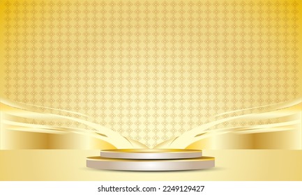 Product display golden podium and golden curve elements shiny thai pattern, realistic luxury three dimensional background, vector illustration for promotion and marketing