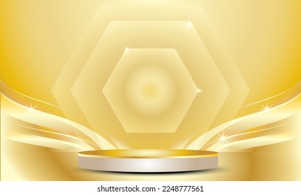 Product display golden podium and shiny hexagonal geometric golden curve elements, realistic luxury dimensional background, vector illustration for promotion and marketing