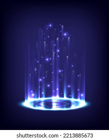 Product display interface. Neon lighting circle base. Portal and hologram science futuristic. Sci-fi in glowing HUD tech projector. Magic gate in game fantasy. Technology teleport podium