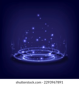 Product display interface. Neon lighting circle base. Portal and hologram science futuristic. Sci-fi in glowing HUD tech projector. Magic gate in game fantasy. Technology teleport podium