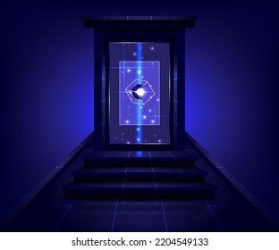 Product display interface. Product showing. Portal to another universe. Teleport podium. Sci-fi magic gate in game fantasy. Glowing projector base