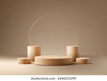 Product display mockup 3D large circular podium and tall cylindrical pedestals in warm beige, luxury branding, retail presentations, and modern showroom concepts with clean minimalist