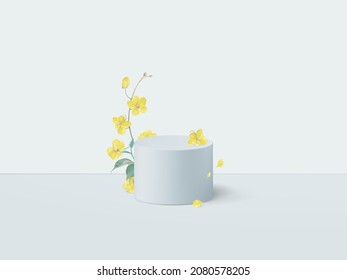 Product display mockup design, blue pastel circle podium decorated with golden shower flowers  and leaves