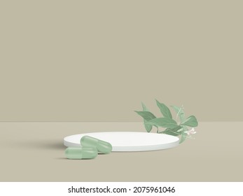 Product display mockup design, circle podium decorated with Andrographis paniculata and green capsules