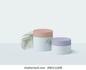 Product Display Mockup Design, Pastel Circle Podium Decorated With Indoor Bamboo Palm Leaves