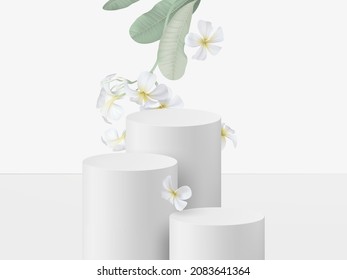 Product display mockup design, pastel circle podium decorated with plumeria flowers