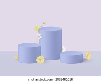 Product display mockup design, purple pastel circle podium decorated with yellow cosmos flowers