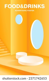 Product display pedestal for product presentation and advertising. The backdrop is a yellow minimalist room. Vacant pedestal for mock up. Empty stage with pastel color for products. 3d vector Podium