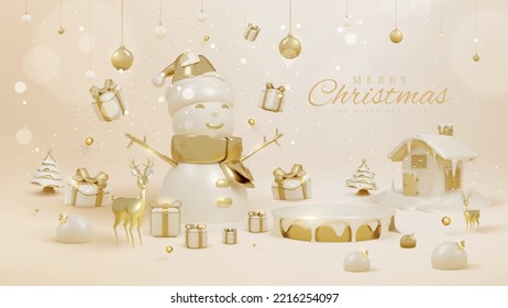 Product display podium with 3d realistic christmas ornaments and sparkling light effects with bokeh decorations and snow. Vector illustration.