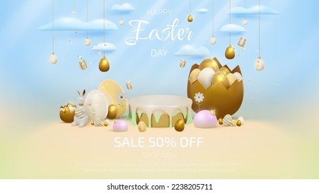 Product display podium and 3d realistic bunny with gold easter egg elements and flower with gift box with cloud decorations.