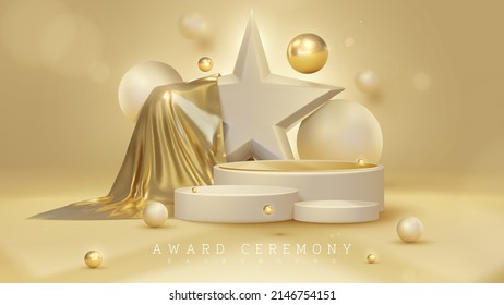 Product display podium with 3d star and golden cloth with ball element and blur effect with glitter light decoration and bokeh.