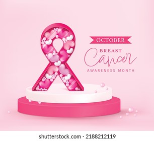 Product display podium with balloon and Breast cancer awareness month concept on pink background, 3D rendering podium. Vector podium minimal style. Breast cancer background.