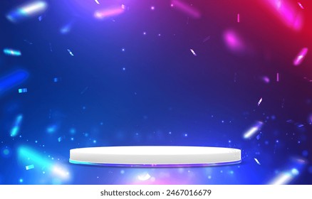 Product display podium with confetti on digital technology room background. Elegant scene background. Product presentation, mock up, show product, Podium, stage pedestal or platform. Vector EPS10.