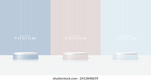 Product display podium, a cylindrical platform that simulates product presentation. Wall backdrop. Stage showcase. Platform vector geometric design.