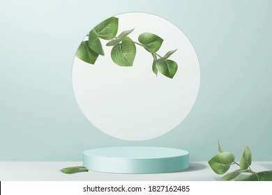Product display podium decorated with leaves on aqua blue background, 3d illustration