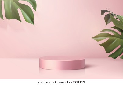 Product display podium decorated with monstera leaves on cherry blossom pink background, 3d illustration