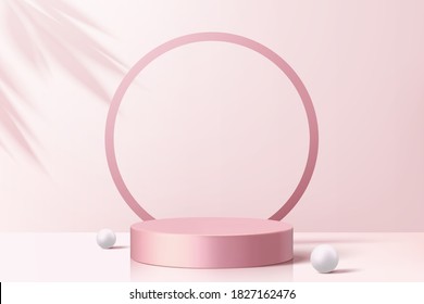 Product display podium decorated with pearls and leaf shadow on cherry blossom pink background, 3d illustration 