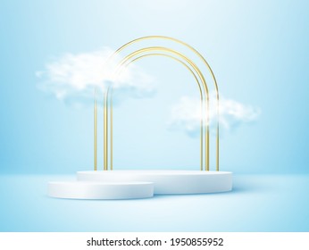 Product display podium decorated with realistic cloud and gold frame on blue background