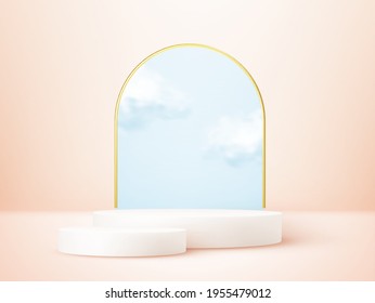 Product display podium decorated with realistic cloud and gold frame on pastel background