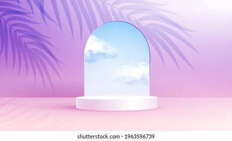 Product display podium decorated with realistic cloud on pastel background