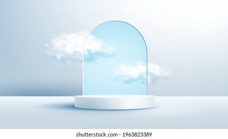 Product display podium decorated with realistic cloud on pastel background