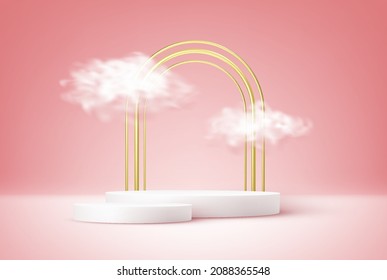 Product display podium decorated with realistic cloud on pastel background