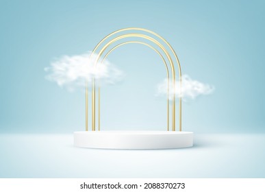 Product display podium decorated with realistic cloud on pastel background