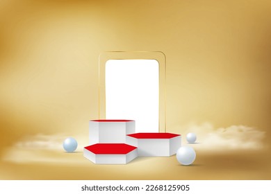 Product display podium decorated with realistic cloud and gold frame on pastel background