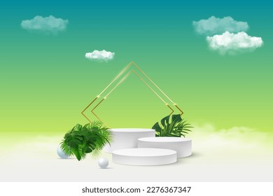 The product display podium is decorated with realistic clouds and gold frames on a pastel background, a golden round arch, and clouds