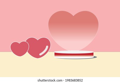 Product display podium decorated with red heart and pink.Valentine's day concept.Vector illustration.