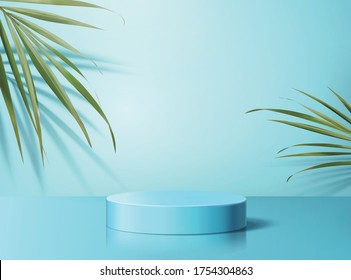 Product display podium decorated with tropical palm leaves on aqua blue background, 3d illustration