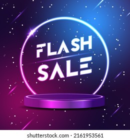 Product display podium with fluorescent texts, FLASH SALE, on the space with stars and comets. Vector illustration.