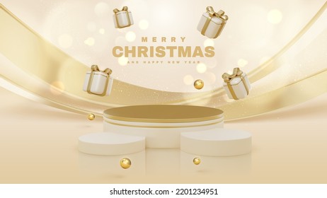 Muestra de producto podio con decoraciones de caja de regalo con efecto de bola dorada y brillo y elementos de bokeh. Los antecedentes de navidad de los cerezos y el concepto de feliz año nuevo.