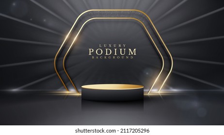 Product Display Podium And Gold Frame With Light Rays And Bokeh Decoration. Black Luxury Background.