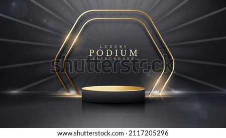 Product display podium and gold frame with light rays and bokeh decoration. Black luxury background.