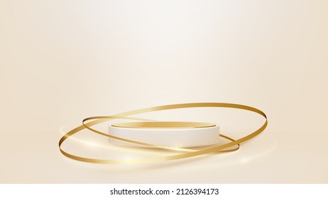 Product display podium with golden circle ribbon elements and rays light effect decoration.