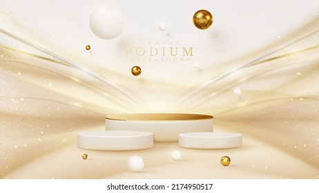 Product display podium with golden curve line element and ball decoration and glitter light effect.