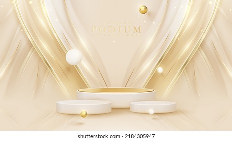 Product display podium with golden curve line element and ball decoration and glitter light effect.